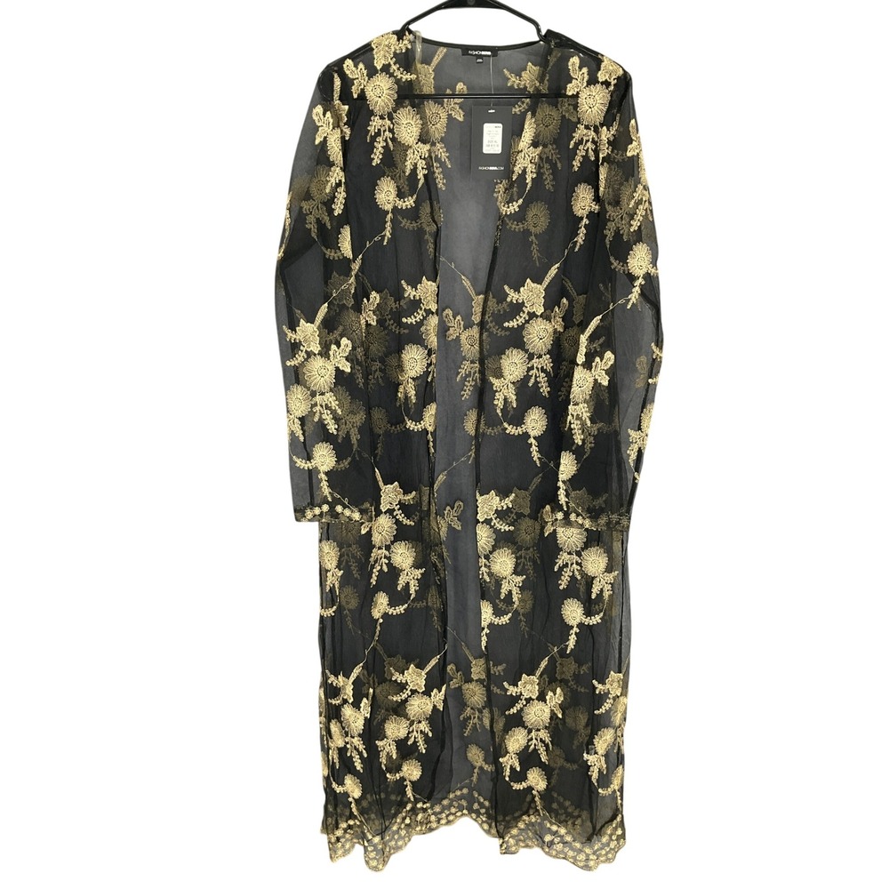 Fashion Nova Star The Night Kimono Black Gold Floral Embroidery Sz S Cocktail